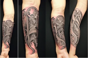 tattoo on the inner forearm of a sword with a ribbon with Biblical scripture wrapped around the sword. Now tattoo is expanded to cover the entire arm. tattoo idea