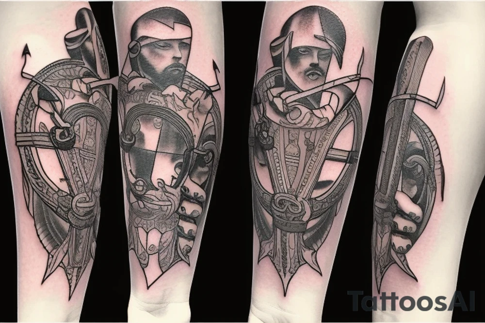 tattoo on the inner forearm of a sword with a ribbon with Biblical scripture wrapped around the sword. Now tattoo is expanded to cover the entire arm with Christian theme. tattoo idea