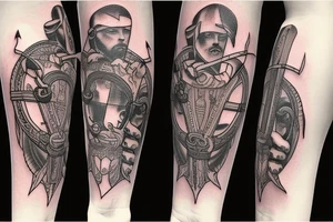 tattoo on the inner forearm of a sword with a ribbon with Biblical scripture wrapped around the sword. Now tattoo is expanded to cover the entire arm with Christian theme. tattoo idea