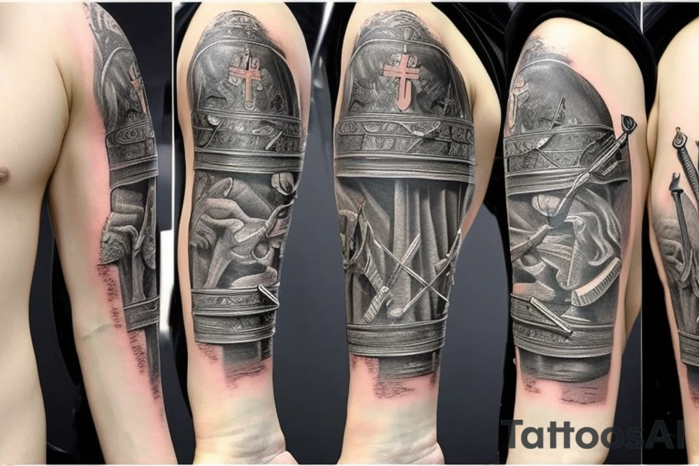 tattoo on the inner forearm of a sword with a ribbon with Biblical scripture wrapped around the sword. Now tattoo is expanded to cover the entire arm with Christian theme. tattoo idea