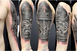 tattoo on the inner forearm of a sword with a ribbon with Biblical scripture wrapped around the sword. Now tattoo is expanded to cover the entire arm with Christian theme. tattoo idea