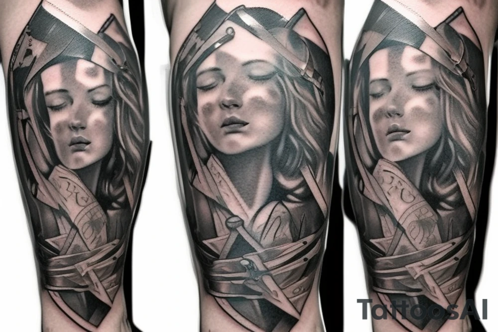 tattoo on the inner forearm of a sword with a ribbon with Biblical scripture wrapped around the sword. Now tattoo is expanded to cover the entire arm with Christian theme depicting patience and strength tattoo idea