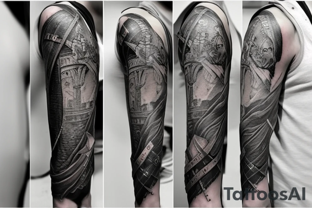tattoo on the inner forearm of a sword with a ribbon with Biblical scripture wrapped around the sword. Now tattoo is expanded to cover the entire arm with Christian theme depicting patience and strength tattoo idea