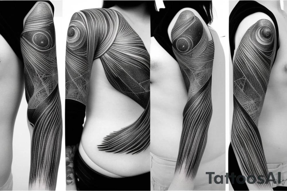Geometric milky way and sky going along female ribs done in thin contour tattoo idea