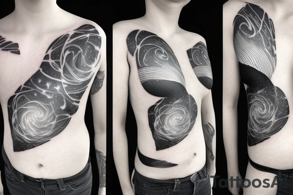 Geometric milky way and sky going along female ribs done in thin contour tattoo idea