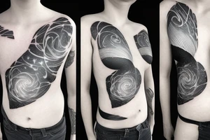 Geometric milky way and sky going along female ribs done in  thin contour tattoo idea