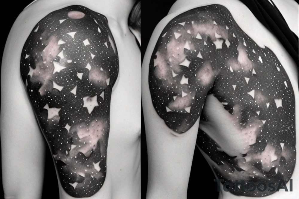 Geometric milky way and sky going along female ribs done in thin contour tattoo idea