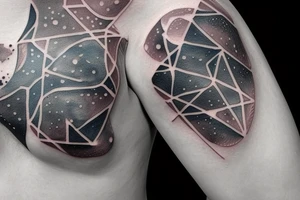 Geometric milky way and sky going along female ribs done in  thin contour tattoo idea