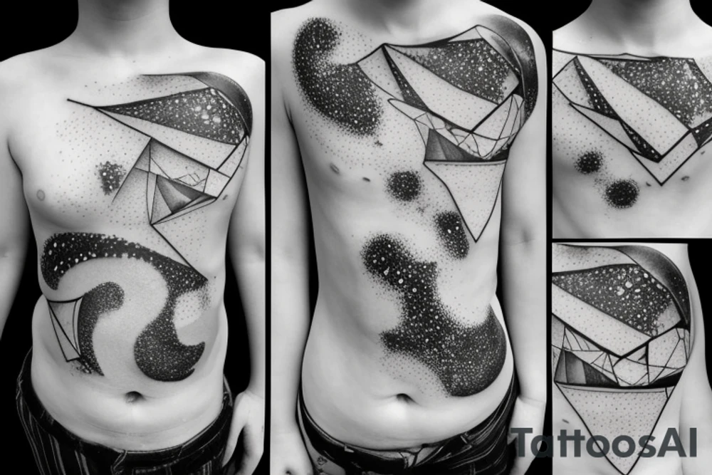 Geometric milky way and sky going along female ribs done in  thin contour tattoo idea