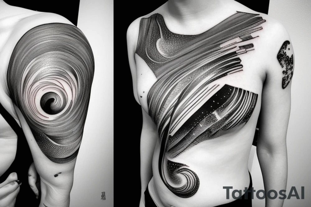 Geometric horizontal milky way and sky going along female ribs done in  thin contour tattoo idea