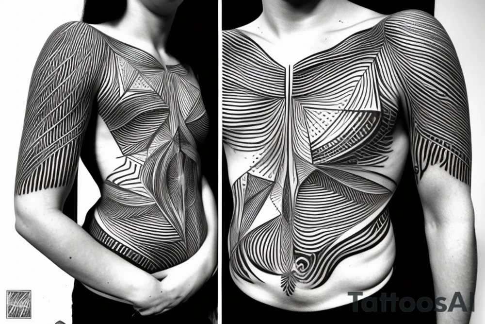 Geometric horizontal milky way and sky going along female ribs done in thin contour tattoo idea