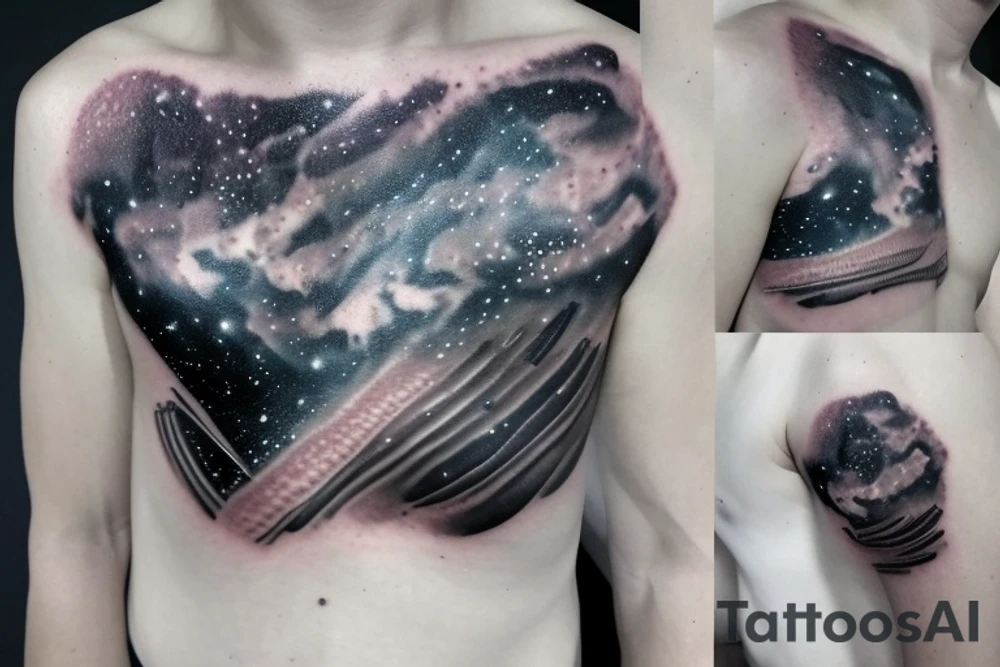 Geometric horizontal milky way and sky going along female ribs done in thin contour tattoo idea