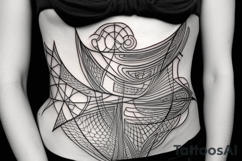 Geometrical tattoo in shape of female ribs in style of daniel meyer tattoo idea