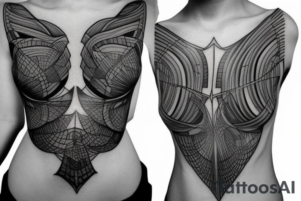 Geometrical tattoo in shape of female ribs in style of daniel meyer tattoo idea