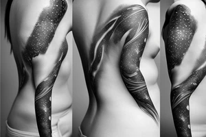 Geometric curve-shaped tattoo of milky way along female ribs in style of daniel meyer tattoo idea