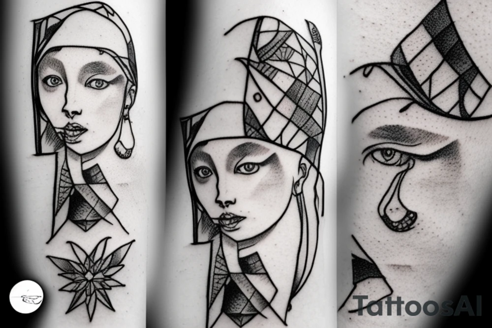 Johannes Vermeer Girl with a Pearl Earring, micro realism, geometric tattoo idea