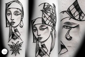 Johannes Vermeer Girl with a Pearl Earring, micro realism, geometric tattoo idea