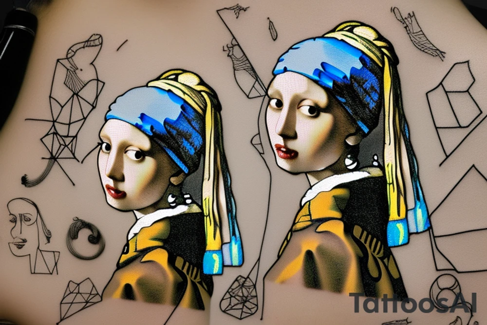 Johannes Vermeer Girl with a Pearl Earring, Microrealism, line art, geometric shapes and lines around girl tattoo idea