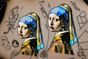 Johannes Vermeer Girl with a Pearl Earring, Microrealism, line art, geometric shapes and lines around girl tattoo idea