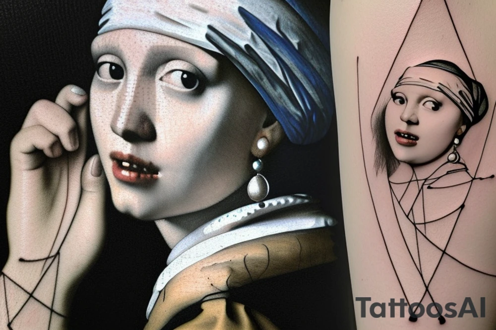 Johannes Vermeer Girl with a Pearl Earring, Microrealism, fine line art, Micro realism, realistic, minimal, geometric tattoo idea