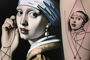 Johannes Vermeer Girl with a Pearl Earring, Microrealism, fine line art, Micro realism, realistic, minimal, geometric tattoo idea