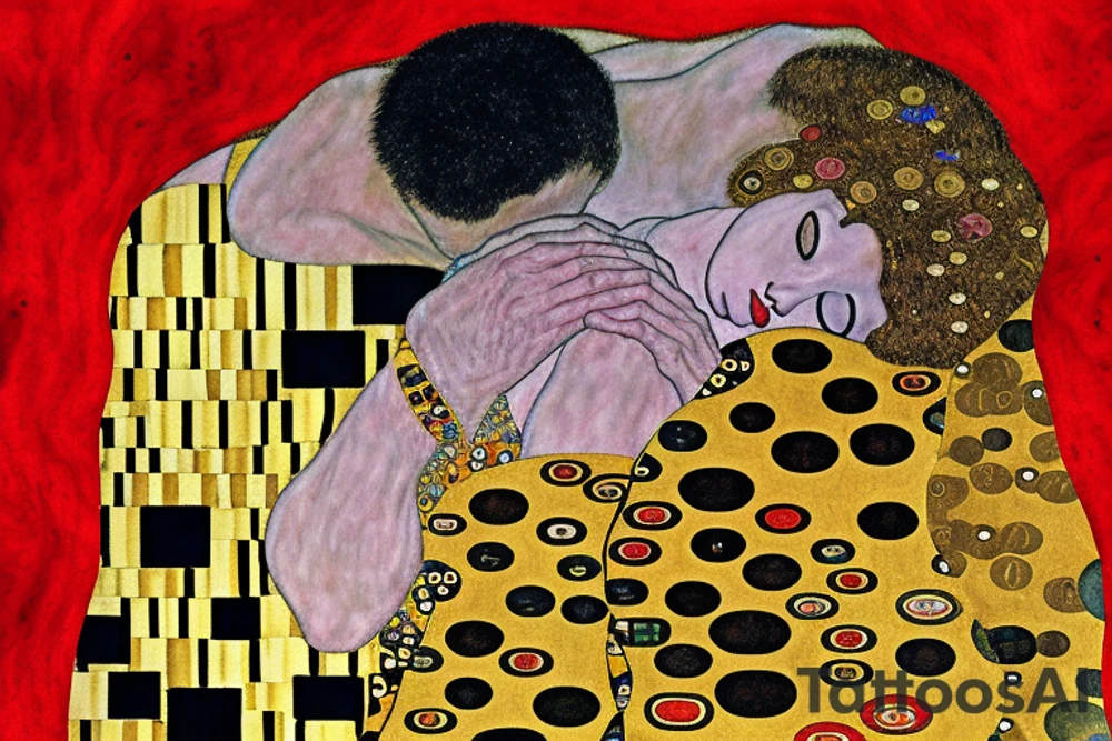 Crayon texture of the kiss by gustav klimt in a bleeding put border tattoo idea
