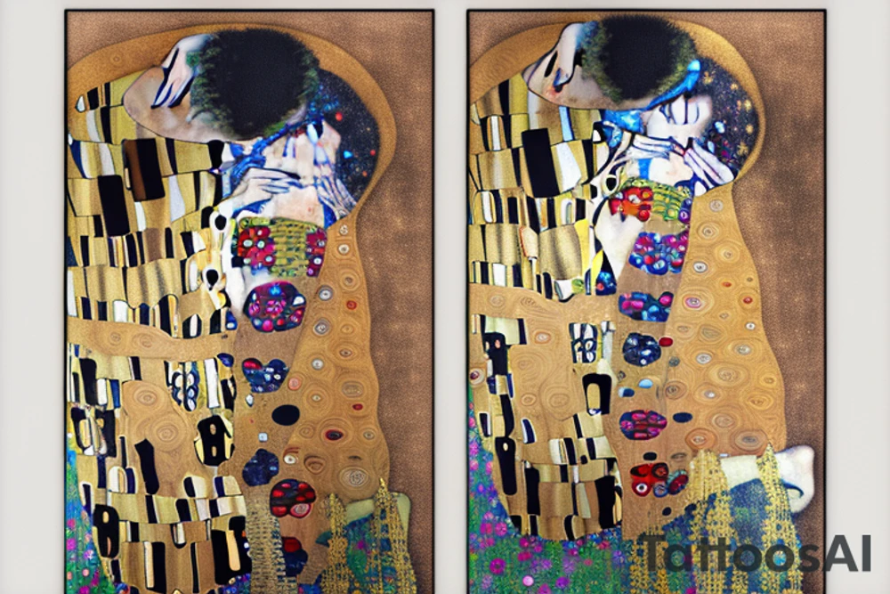 Crayon texture of the kiss by gustav klimt in a bleeding put border tattoo idea
