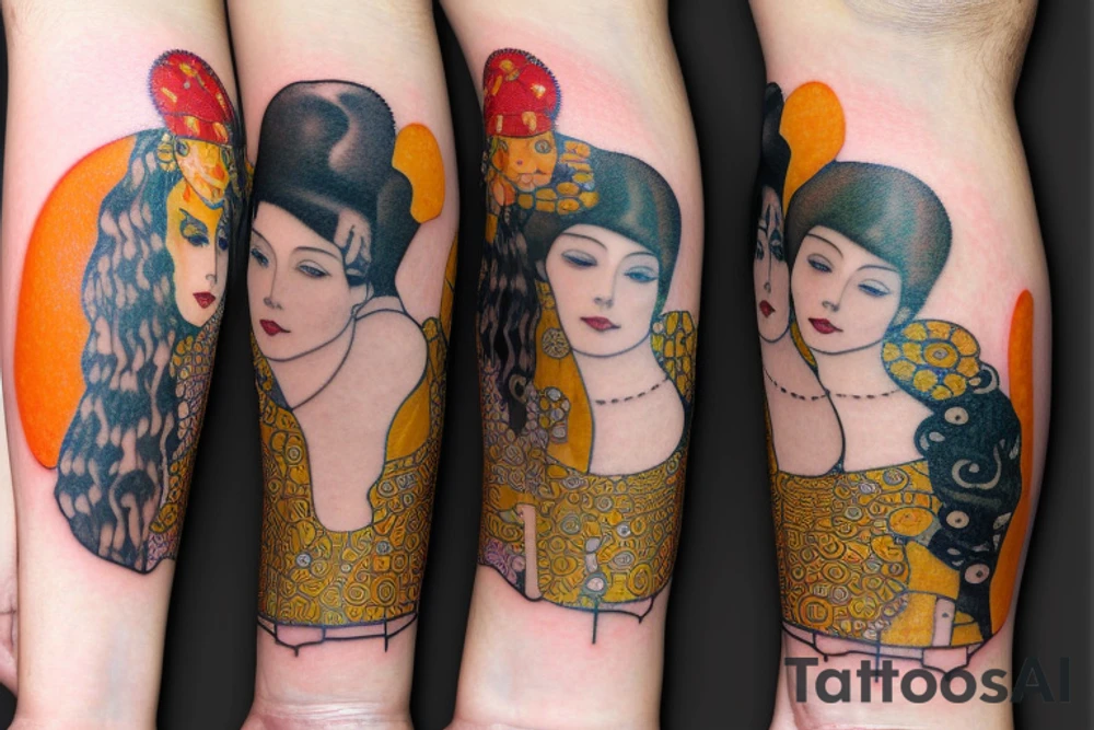 Gustav klimt very small full color forearm tattoo of a c p couple. Brunette girl and black hair male tattoo idea