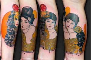 Gustav klimt very small full color forearm tattoo of a c p couple. Brunette girl and black hair male tattoo idea