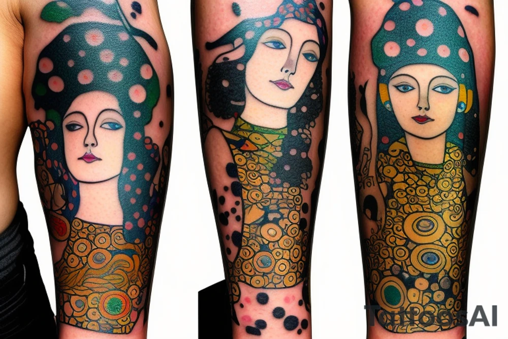 Gustav klimt very small full color forearm tattoo of a c p couple. Brunette girl and black hair male tattoo idea