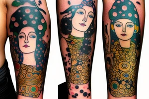 Gustav klimt very small full color forearm tattoo of a c p couple. Brunette girl and black hair male tattoo idea