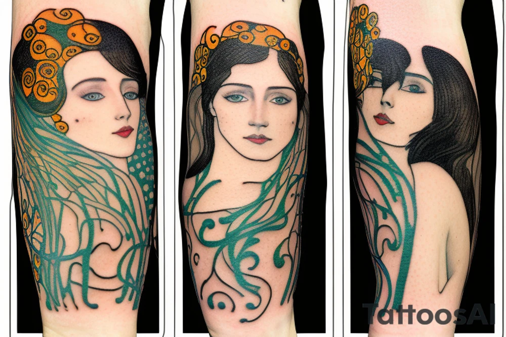 Gustav klimt small full color no black line. forearm tattoo of a couple. Brunette girl and black haired male tattoo idea