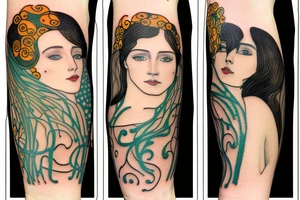 Gustav klimt small full color no black line. forearm tattoo of a couple. Brunette girl and black haired male tattoo idea