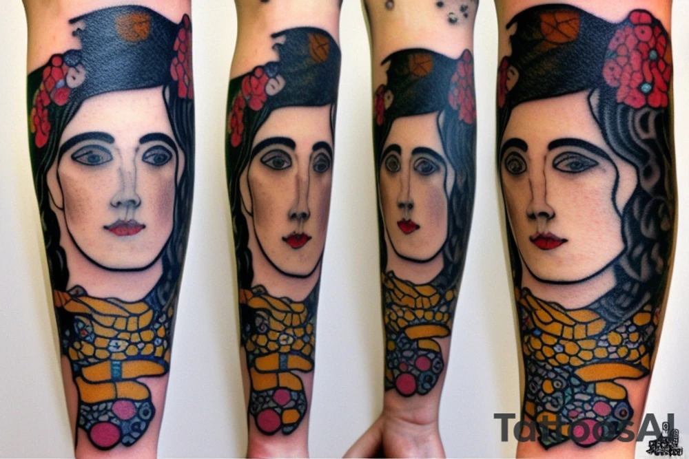 Gustav klimt small forearm tattoo of a lovers. Brunette female and black hair male tattoo idea