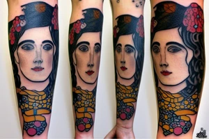 Gustav klimt small forearm tattoo of a lovers. Brunette female and black hair male tattoo idea