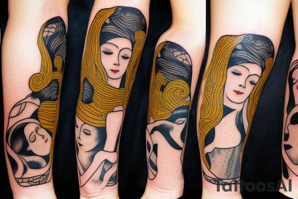 Gustav klimt small forearm tattoo of a lovers. Brunette female and black hair male tattoo idea