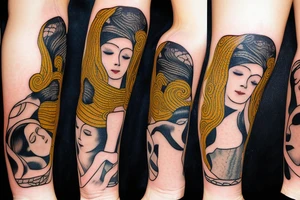 Gustav klimt small forearm tattoo of a lovers. Brunette female and black hair male tattoo idea
