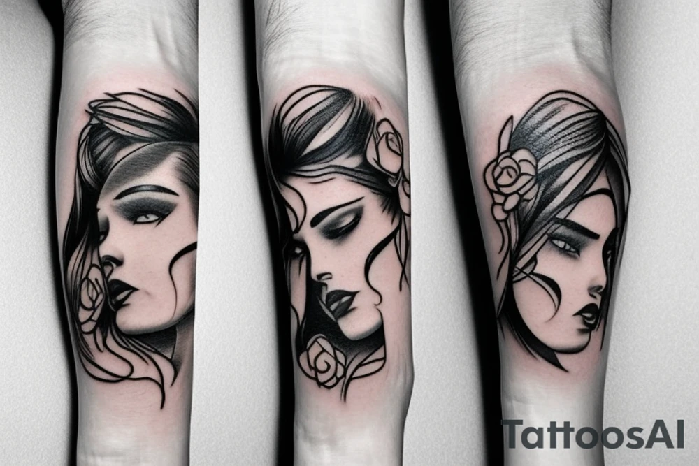 Whimsical small forearm tattoo of a couple. Brunette female and black hair male tattoo idea