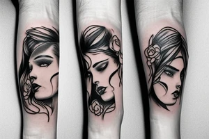 Whimsical small forearm tattoo of a couple. Brunette female and black hair male tattoo idea