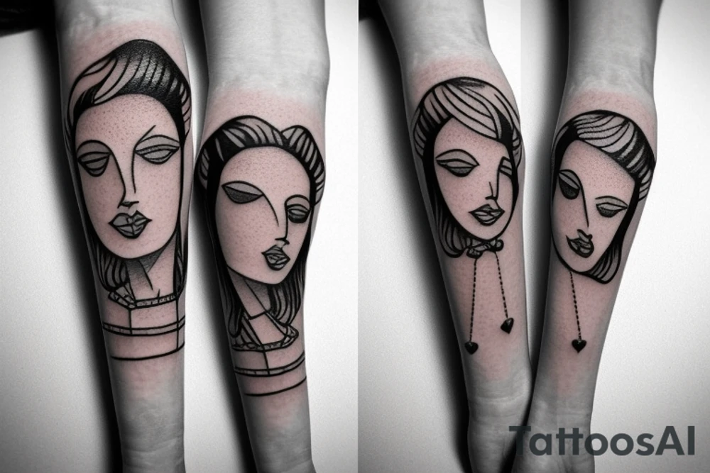 Whimsical small forearm tattoo of a couple. Brunette female and black hair male tattoo idea