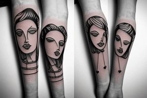 Whimsical small forearm tattoo of a couple. Brunette female and black hair male tattoo idea
