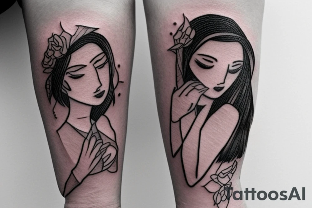 Whimsical small forearm tattoo of a couple. Brunette female and black hair male tattoo idea