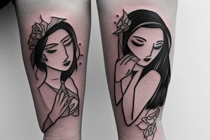 Whimsical small forearm tattoo of a couple. Brunette female and black hair male tattoo idea