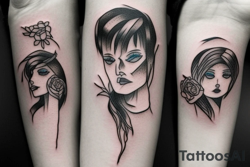 Whimsical small forearm tattoo of a couple. Brunette female and black hair male tattoo idea