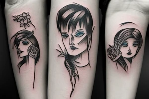 Whimsical small forearm tattoo of a couple. Brunette female and black hair male tattoo idea