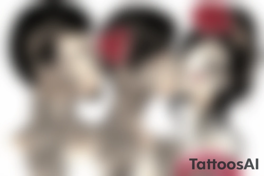 Whimsical small tattoo of a couple. Brunette female and black hair male tattoo idea