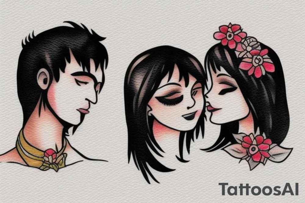 Whimsical small tattoo of a couple. Brunette female and black hair male tattoo idea