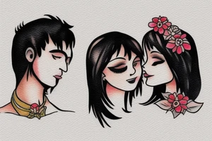 Whimsical small tattoo of a couple. Brunette female and black hair male tattoo idea