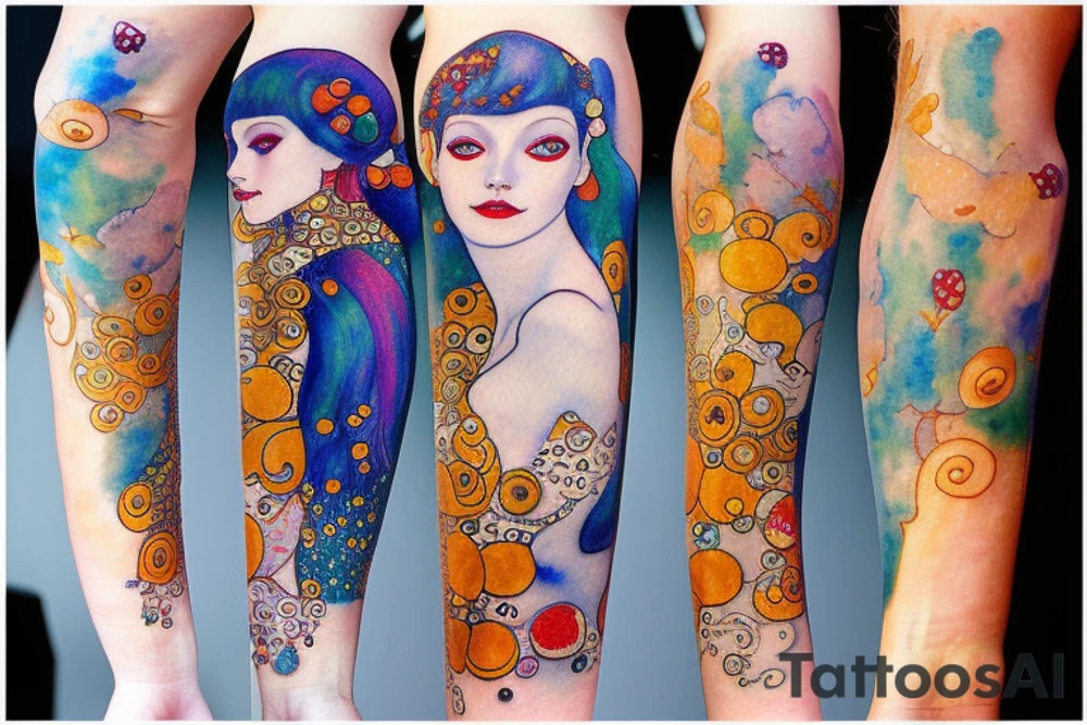 Small watercolor mermaids inspired gustav klimt tattoo idea