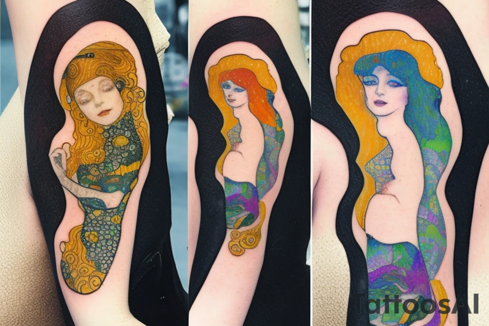 Smaller watercolor mermaids inspired gustav klimt tattoo idea